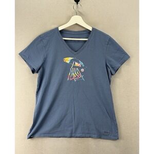 Life is Good Tee Blue V-Neck Beach Umbrella Chair Graphic Shirt Women's L Casual